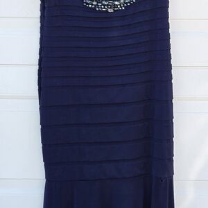 KM Collections Milla Bell Size 14 Navy Long Formal Dress Beaded Stretch Gown EUC